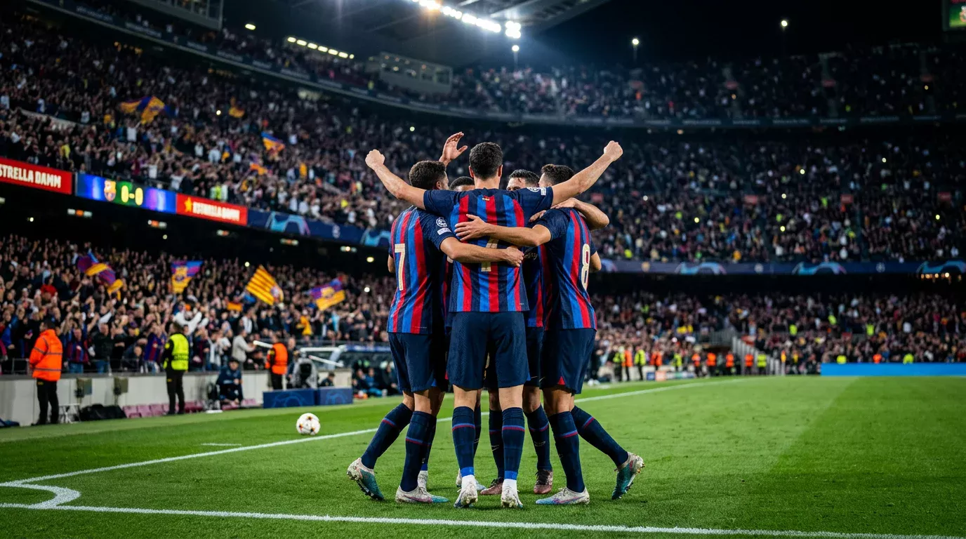 Jugadores del FC Barcelona celebrando un gol en partido de Champions League en el estadio