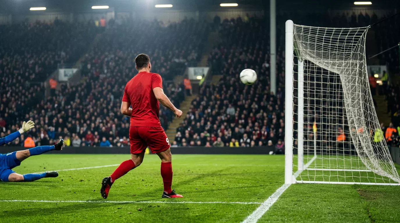 Delantero celebrando gol en partido de Champions League con el balón hacia la portería
