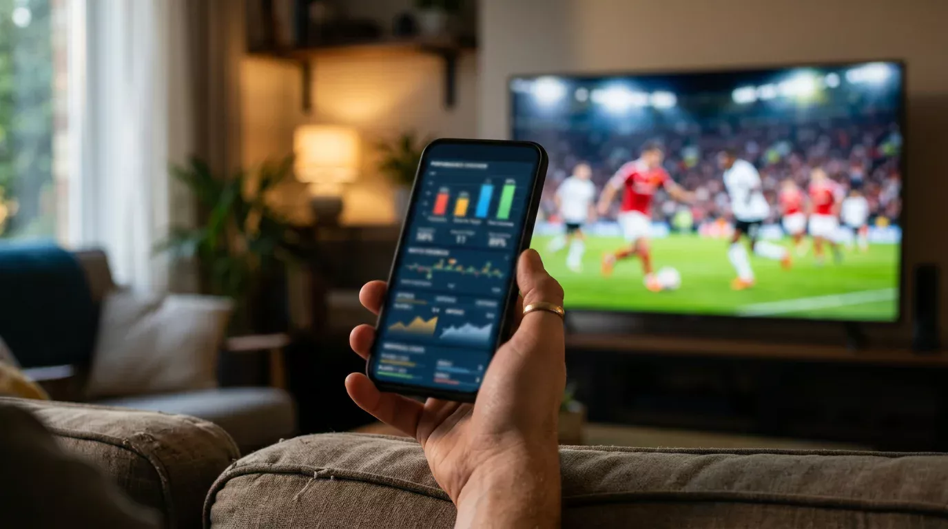 Mano sosteniendo un smartphone con una app de apuestas abierta durante un partido de Champions