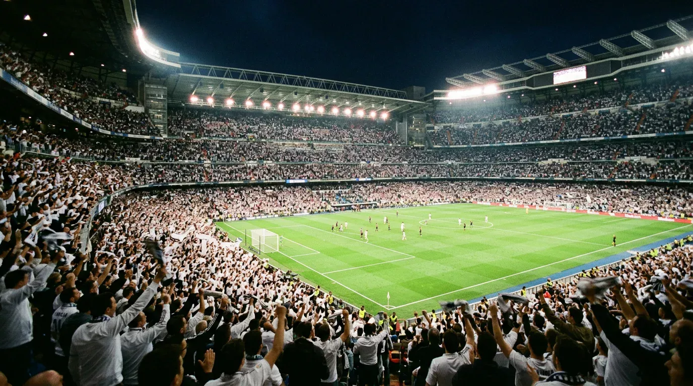 Aficionados del Real Madrid celebrando en el Santiago Bernabéu una noche de Champions