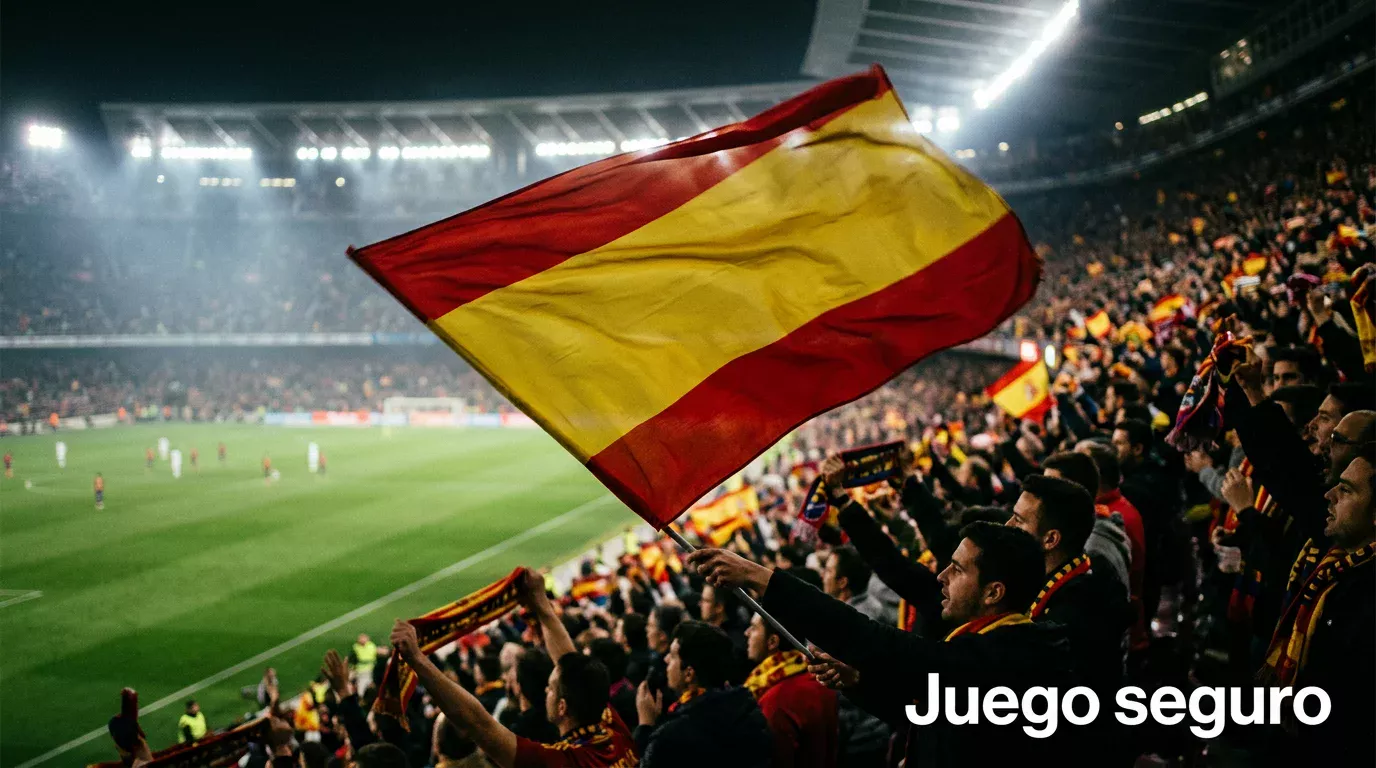 Bandera de España ondeando en la grada de un estadio durante un partido nocturno de Champions League