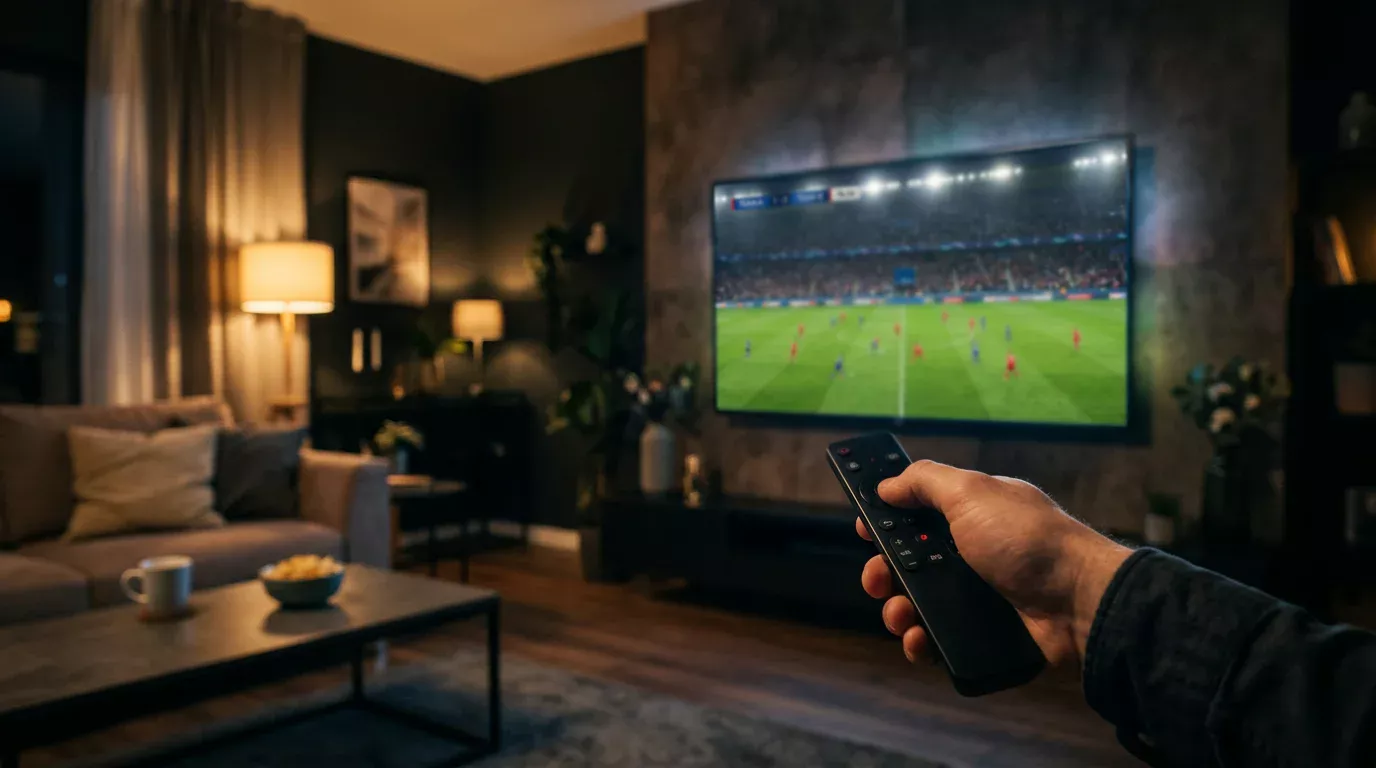 Mando a distancia apuntando a un televisor con retransmisión de Champions League en directo