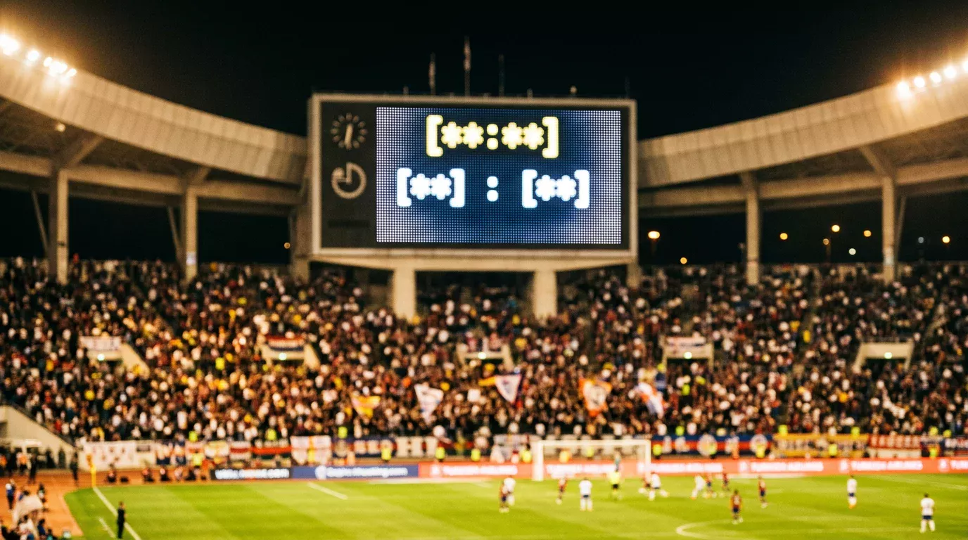 Marcador electrónico de un estadio de fútbol iluminado con tribunas llenas al fondo durante un partido nocturno