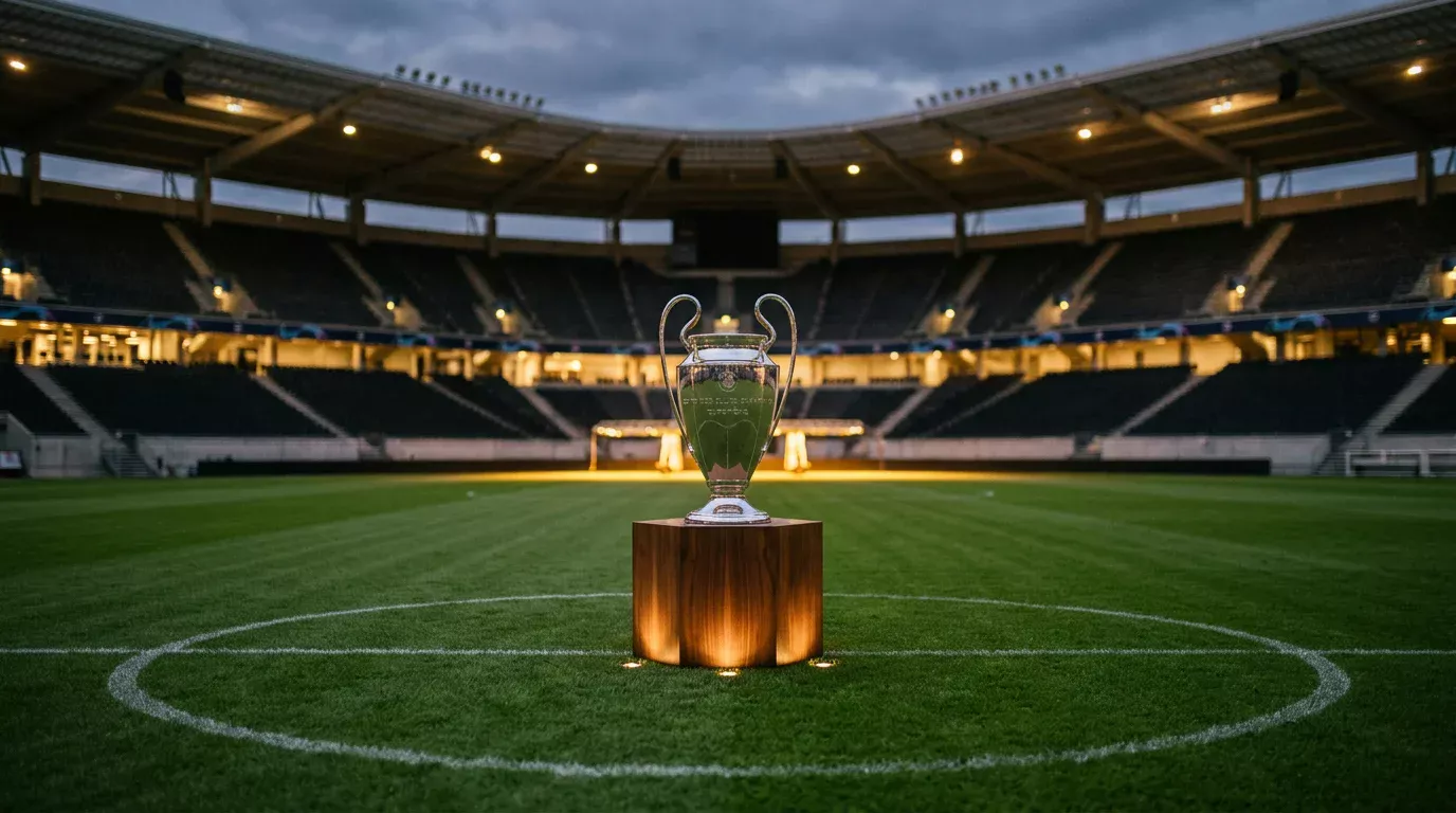 Trofeo de la Champions League de fútbol sobre un podio iluminado en un estadio vacío