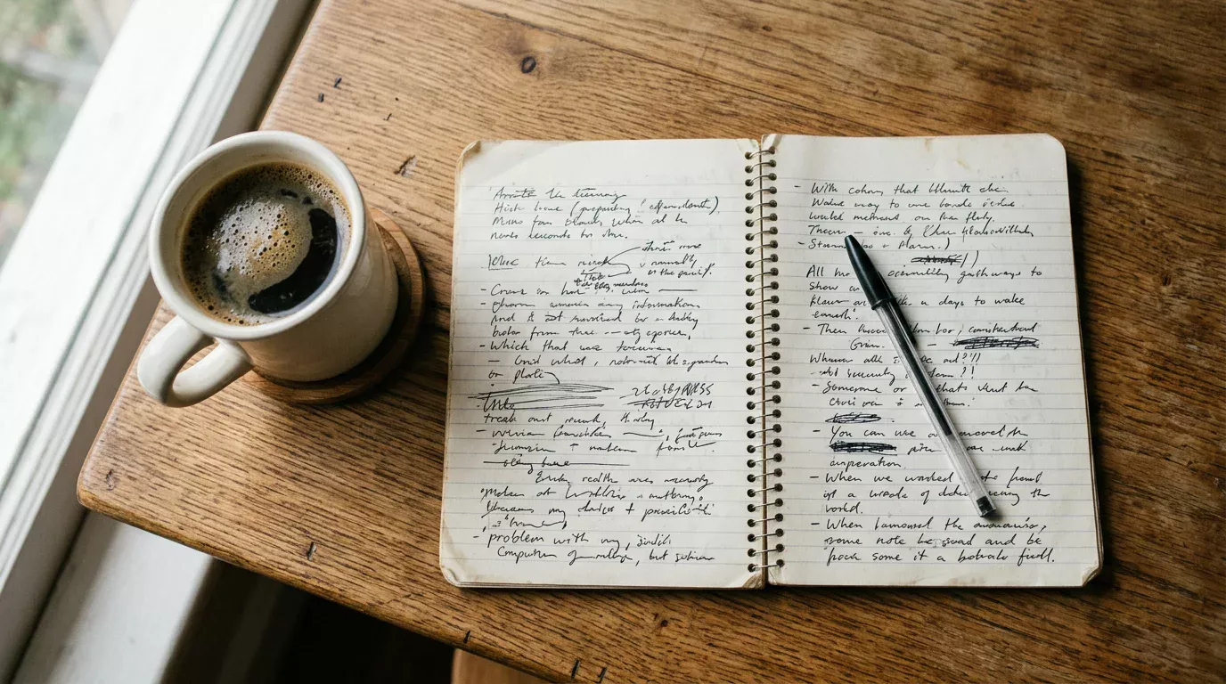 Cuaderno abierto con anotaciones manuscritas y un bolígrafo sobre una mesa de madera junto a una taza de café