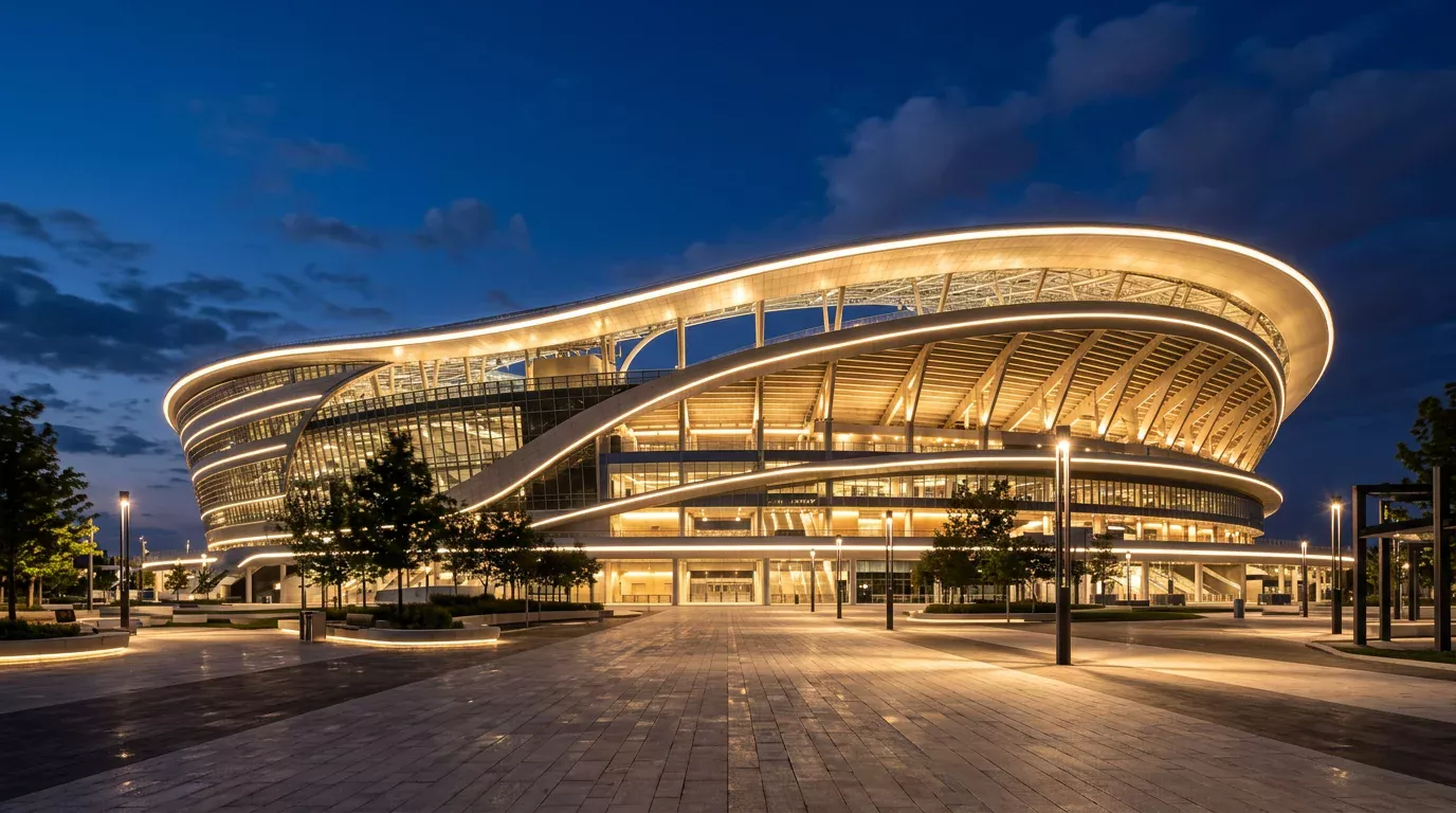Exterior iluminado de un gran estadio de fútbol moderno al anochecer con el cielo azul oscuro de fondo