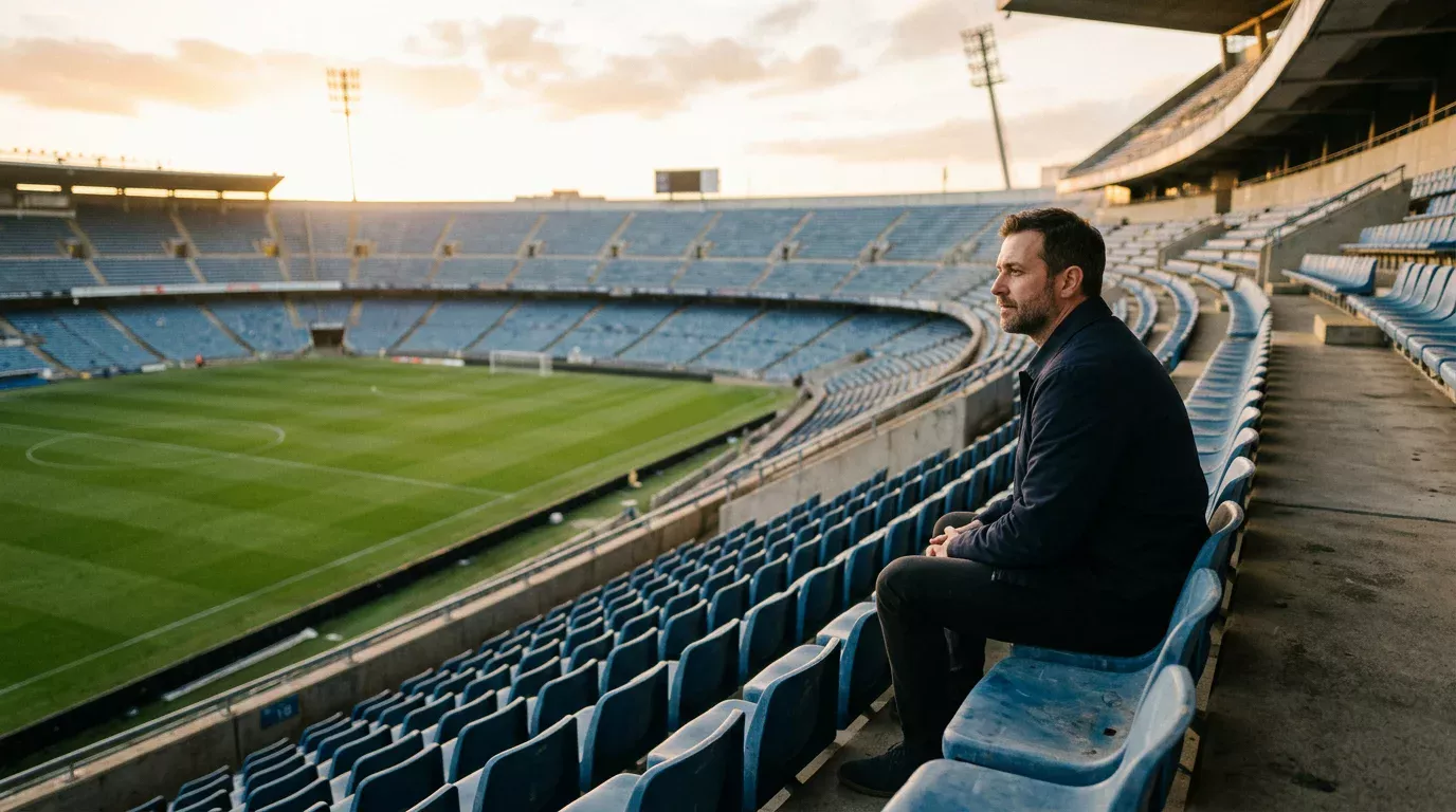 Aficionado adulto sentado solo en la grada de un estadio de fútbol observando el campo con expresión serena
