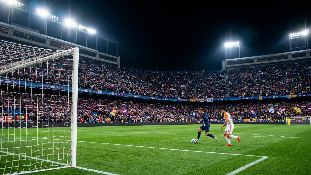 Vista panorámica de un estadio de fútbol iluminado durante un partido de Champions League