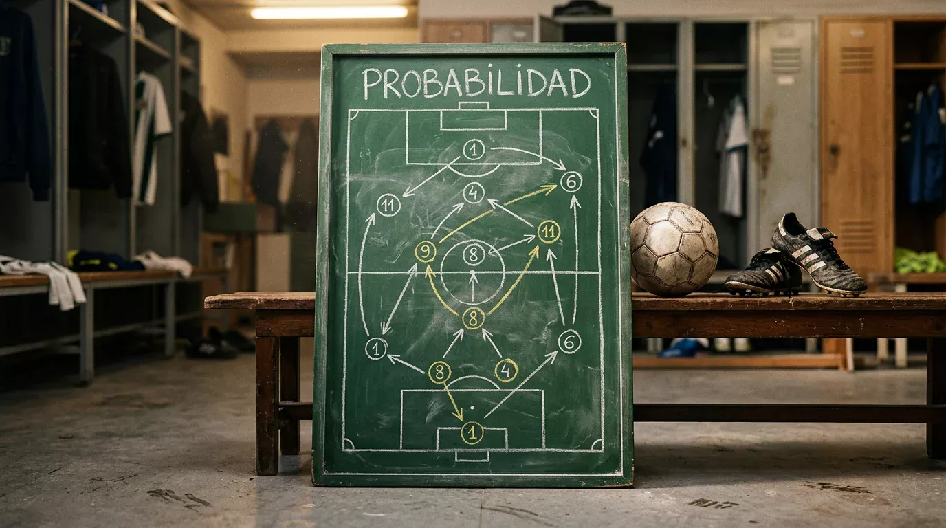 Pizarra táctica con diagrama de líneas de fútbol junto a un balón sobre el césped del estadio