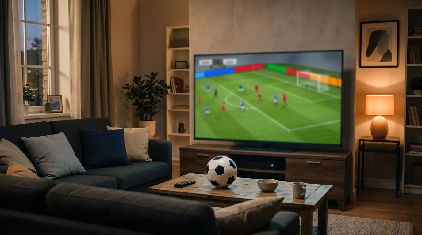 Televisor mostrando un partido de fútbol con vallas publicitarias visibles durante retransmisión