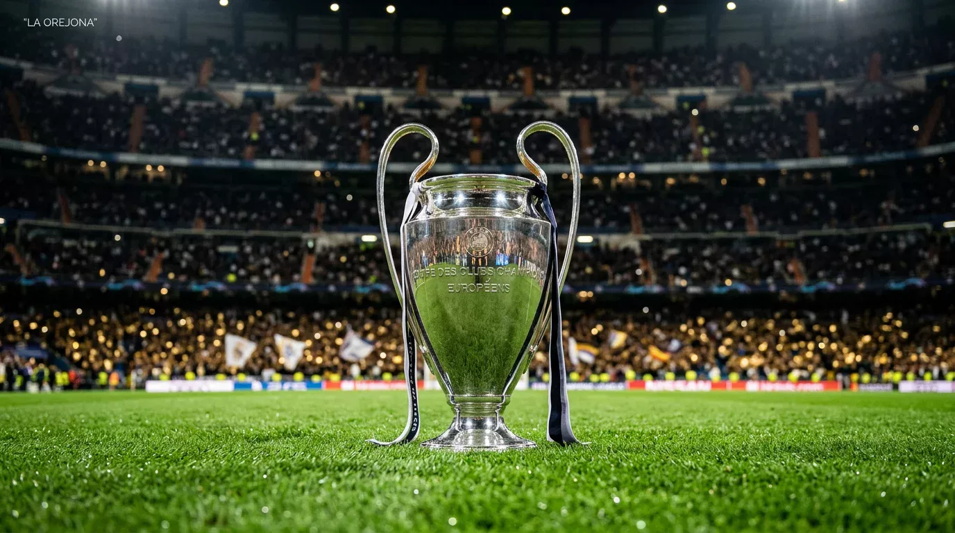 Trofeo de la UEFA Champions League sobre el césped iluminado del estadio antes del partido